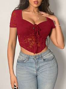 Firerie Áo thun ren bó sát gợi cảm thanh lịch dành cho nữ, phù hợp cho tiệc tùng và đi làm - Màu Đỏ Sâu - Xem 2