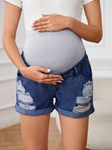 SHEIN Maternity High Waist Pocketed Distressed Casual Versatile Denim Shorts