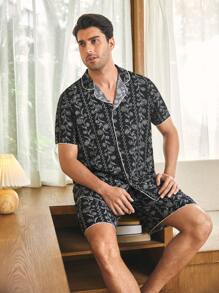 CoupledUp Floral Print Lapel Collar Short Sleeve Shorts Men Pajama Set - Black - View 6