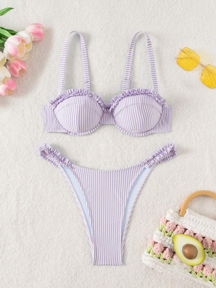 SHEIN Swim Women's Summer Vacation Beach Outfits, Striped Ocean Style Ruched Sexy Floral Decorated Bikini Set - Blue - View 4