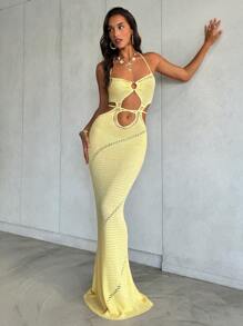 Aloruh Váy len buộc cổ màu vàng nhạt thanh lịch cho nữ - Màu vàng - Xem 4