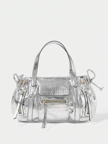 SHECARRY Women's Fashion Personalized Y2K Motorcycle Style Zipper Decor Handbag - Bright silver - View 6