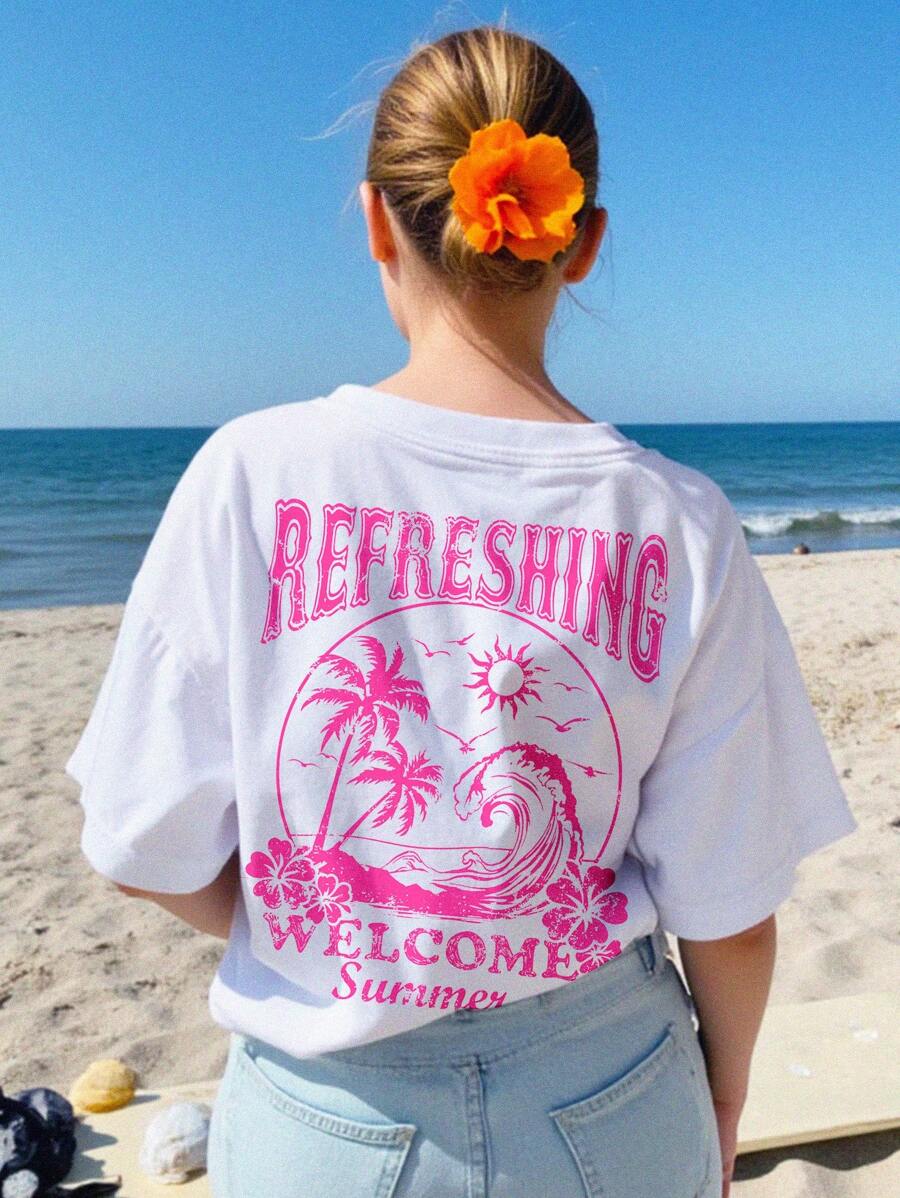 SHEIN Coconut Tree Beach Vacation Print, Pink Vacation Print, Tween Girls Casual Graphic Short Sleeve T-Shirt, Suitable For Summer - White - View 1