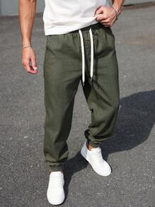 Manfinity Homme 男士休闲抽绳腰锥形牛仔裤 - 軍綠色 - 查看 3