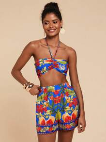 Travachic 2pcs Women Set: Printed Halter Crop Top & High Waist Loose Shorts,Summer Outfits For Women,Beachwear,Easter,Beach Outfits For Woman,Spring Break,Vacation Outfits Women,Concert Outfit Women,BOHO,Music Festival,Tropical Vacation Woman Clothes,Romantic