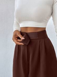 SHEIN PETITE Cone Shaped Women Suit Pants With Detailed Waist - Brown - View 4