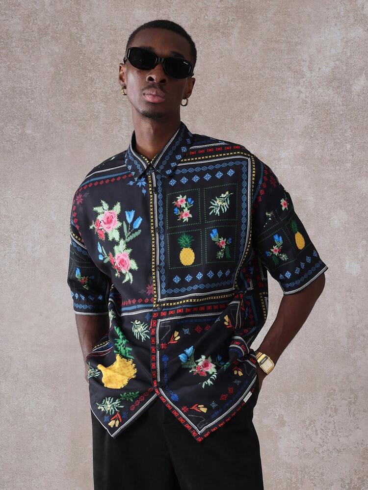 Short Sleeve Button Down Floral Pineapple Print Retro Casual Shirt