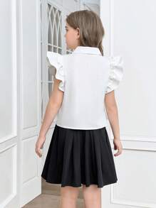 SHEIN Tween Girls' Cute Summer School Back-To-School Black And White 2 Pieces Set,Woven Cap Sleeve Bow Ruffle Trim White Blouse And Black Pleated Skirt - Black and White - View 10