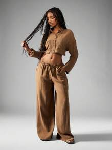 MISSGUIDED Linen Summer Resort Vacation Two Piece Set Loose Fit Crop Button Down Top Wide Leg Palazzo High Waist Pants Beach Travel Outfit