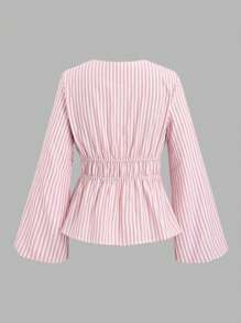 Sweetra Women Striped Long Sleeve Tie Front Loose Blouse Fall Cloth For Women - Baby Pink - View 2