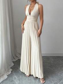 SHEIN LUNE 女士性感细肩带深V领褶皱连体裤 - 杏色 - 查看 4