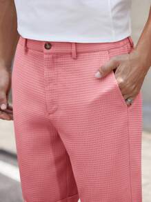 HIMLAND 男士纯色梭织短款直筒中腰百慕大短裤，适合春夏季日常穿着 - 粉色 - 查看 4