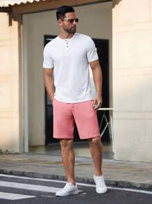 HIMLAND 男士纯色梭织短款直筒中腰百慕大短裤，适合春夏季日常穿着 - 粉色 - 查看 5
