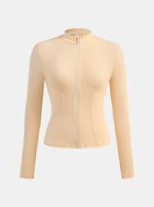 SHEIN Teen Girl Y2K Style Zipper Plain Apricot Thumb Hole Ribbed Slim Fit Stand Collar Jacket - Apricot - View 4