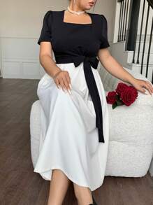Dazy Plus Plus Size Color Blocking Cinched Waist Short Sleeve A-Line Hem Elegant Summer Dress - Apricot - View 5