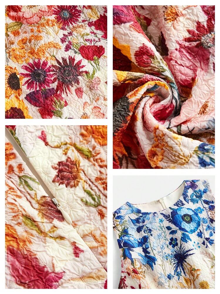 Anewsta Easter Spring/Summer Round Neck Ditsy Floral Waist Fitted A-Line Fashionable Elegant Ladies Dress - Multicolor - View 6