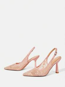 CUCCOO HITCHD New Summer Embroidered Lace Pointed Toe Stiletto High Heels, Elegant Romantic Light Pink Lace Mesh Women's Pumps, Bridal Wedding Party Dress Shoes For Christmas - Pink - View 6