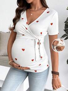 SHEIN T-shirt de maternité à manches courtes avec impression de cœur, avec fonctionnalité d'allaitement et nœud latéral