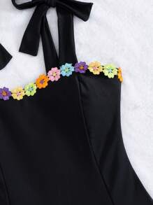 Swim Vcay Swim Mod Women One-Piece Swimsuit, Fresh Solid Color With 3D Floral Decor, Sexy Bow Accent, One-Piece Swimwear For Summer Beach - Black - View 3