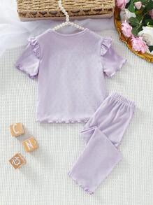 Infant & Baby Girl2Pcs Set - Knit Jacquard Top With Ruffle Sleeve And Matching Wavy Hem Pants, Comfortable Loungewear, Spring/Summer - Violet Purple - View 2