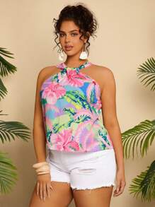 Travachic 大码女式热带棕榈树和花卉印花挂脖海滩度假夏季背心