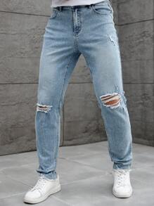 Manfinity Homme Light Blue Denim Casual Elastic Skinny Ripped Pants For Men - Light Wash - View 1