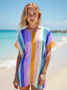 Teen Girls' Striped Round Neck Cover-Up Top, Minimalist & Stylish, Suitable For Summer Rainbow Dress Women Dresses Summer Bathing Suit Cover Up Girls Swimsuit Cover Up - Multicolor - View 1