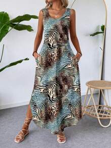 SHEIN LUNE Váy họa tiết da báo cỡ lớn thường ngày có dây đeo rộng và viền cong, phù hợp cho mùa xuân/hè, trang phục nghỉ dưỡng - Nhiều màu - Xem 3