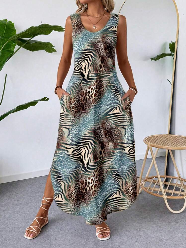 SHEIN LUNE Vestido informal de talla grande con estampado de leopardo, con tirantes anchos y dobladillo curvo, adecuado para primavera/verano, ropa de resort - Multicolor - Añade 3