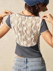 Bohemela Summer BOHO Casual Solid Color Knit Contrast Lace Fitted Short Sleeve Crop Top For Women