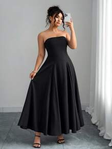 Elenzga Vestido de línea A con cintura fruncida, sin tirantes, de unicolor y elegante para mujer de talla grande