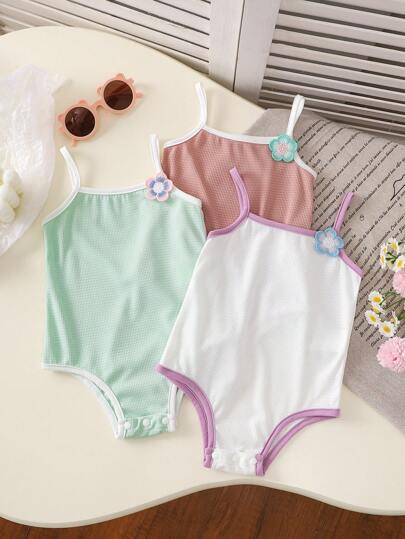 3pcs/Set Baby Girl Sleeveless Camisole Suit, Plaid Jacquard Knitted Colorful Floral Decor, Comfortable & Cute For Home And Outdoor, Spring/Summer/Autumn