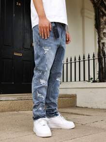 Manfinity LEGND Men's Casual Versatile Distressed Jeans With Pockets - Medium Wash - View 5