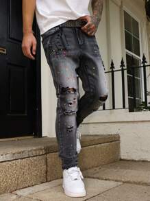 Manfinity LEGND Men's Distressed Relaxed Fit Tapered Leg Jeans - Grey - View 3