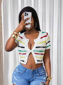 BamGleam Women's Short Sleeve Single-Breasted Striped Cropped Cardigan, Lightweight, Multi-Color - White - View 5