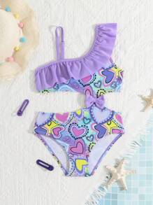 SHEIN Young Girl Heart Print Ruffle Asymmetric One-Piece Swimsuit, Resort - Multicolor - View 3