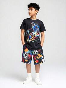 SHEIN 2pcs Tween Boy Casual Sports Colorful Graffiti Football Print Round Neck Short Sleeve T-Shirt And Shorts Set, Suitable For Commuting, Schooling, Casual Daily Wear, Sports, Spring/Summer - Black - View 9