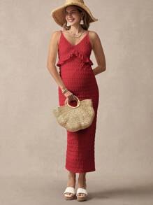 Boho Mama Maternity Summer Minimalist Textured Ruffle Hem Bodycon Dress - Red - View 3