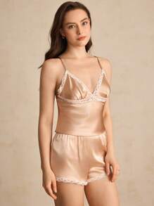 Charlaine French Sexy Lace And Satin Slip Lingerie Set - Champagne - View 6