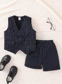 2pcs/Set Young Boys Comfortable, Versatile, Fashionable, Cute Gentleman's College Style Vest And Shorts Two Pieces Set, Suitable For Spring And Summer Seasons, Suitable For Daily Life, Suitable For Sports, Suitable For Campus, Suitable For Gatherings, Suitable For Festivals, Suitable For Performances, Suitable For Photography, Suitable For Returning To School Season - Navy Blue - View 2