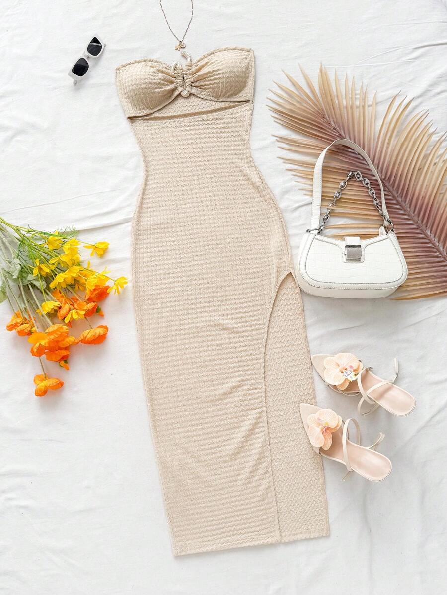 Soleia 女款海泡石绿色针织纹理抹胸褶饰露背高开衩连衣裙 - 卡其色 - 查看 1