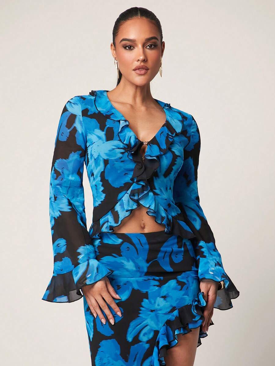 Silquee Blusa elegante de manga larga con cuello en V, con estampado floral y ribete de volantes para mujeres - Multicolor - Ver 1