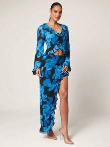 Silquee Blusa elegante de manga larga con cuello en V, con estampado floral y ribete de volantes para mujeres - Multicolor - Ver 7