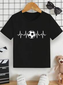 SHEIN Explorewe T-shirt confortable avec imprimé graphique de football à design cœur, pour garçon casual, été - Noir - Voir 3