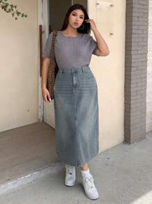 Dazy Plus 大码复古水洗蓝色做旧 A 字牛仔裙 牛仔裙 秋冬 - 中等水洗藍 - 查看 3