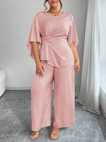 Elenzga Elegant 2 Pieces Set: Pleated Ruffle Sleeve Top And Wide Leg Pants - Pink - View 5