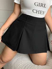 Dazy Plus Solid Color Pleated Double-Waist Decor Cropped Mini Skirt Women Plus Clothing Shorts