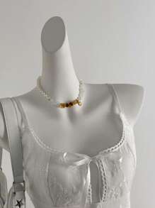 Sweetra 法式蝴蝶结系带花卉刺绣节日裙，腰部修饰芭蕾舞裙吊带连衣裙 - 白色 - 查看 4