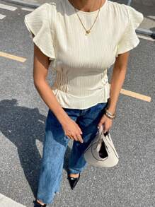 Siren Gaze 女式休闲纯色盖袖收腰衬衫，夏季