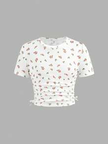 SHEIN Girlism Top de Malha de Manga Curta e Gola Redonda com Estampa Floral Delicada para Meninas Pré-Adolescentes, para Primavera e Verão